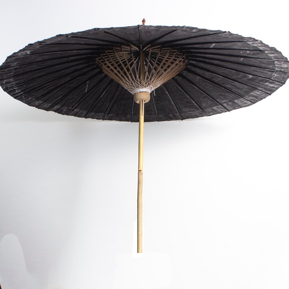 Vintage Chinese Black Paper Parasol With Silver Dragon Design - Picture 9 of 10